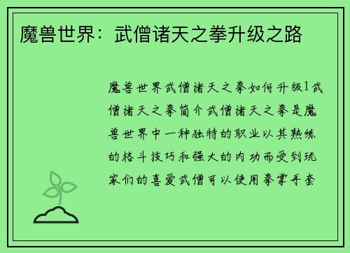 魔兽世界：武僧诸天之拳升级之路